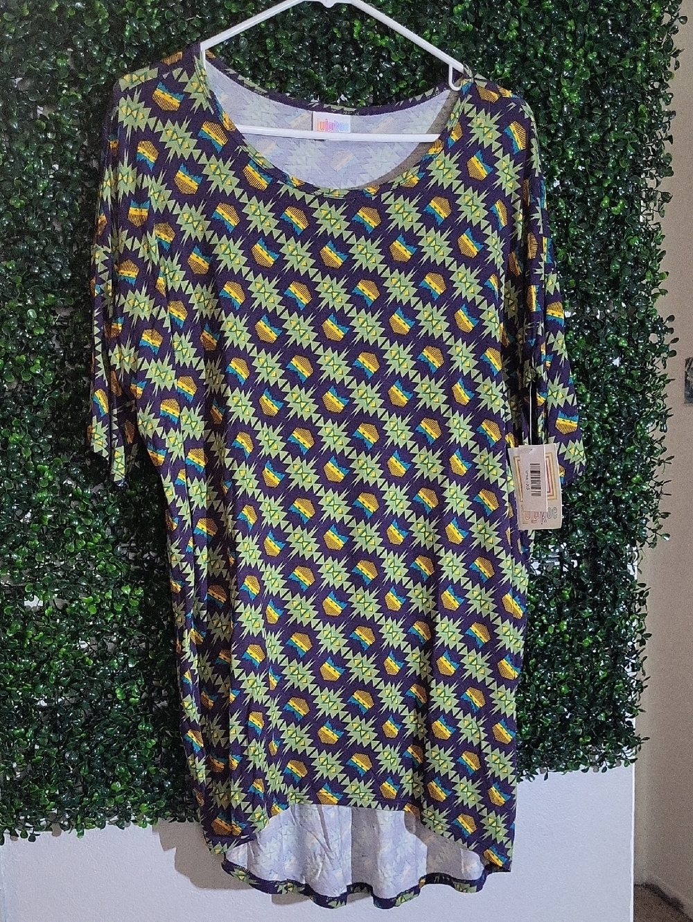 LuLaRoe Navy Tunic with Yellow and Green Geometric Print